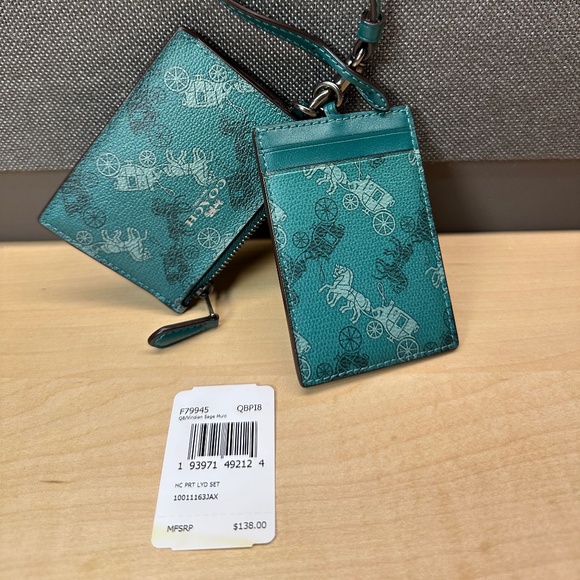 NWT! RARE! COACH LANYARD WALLET SET ID HOLDER HORSE AND CARRIAGE F79945 GREEN - Picture 2 of 10